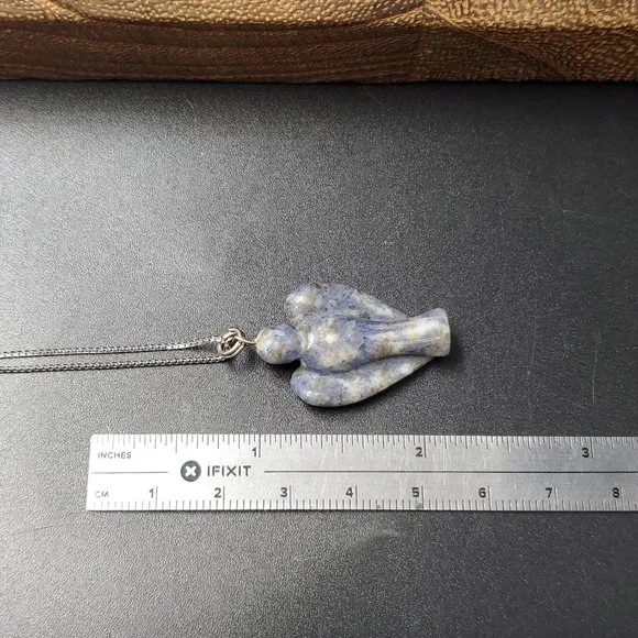 18 Inch Sterling Silver Carved Sodalite Stone Angel Pendant Necklace - Picture 6 of 7